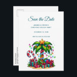 Tropical Christmas Palm Tree Announcement Postcard<br><div class="desc">Save the date postcard with a seasonal holiday image. A tropical palm tree decorated in festive lights with a star on top. A giant red and white candy cane sticking out of the sand. Christmas presents under the tree. Whimsical and fun.</div>