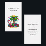 Tropical Christmas Palm Tree Business Card<br><div class="desc">Business card with a seasonal holiday image. A tropical palm tree decorated in festive lights with a star on top. A giant red and white candy cane sticking out of the sand. Christmas presents under the tree. Whimsical and fun.</div>