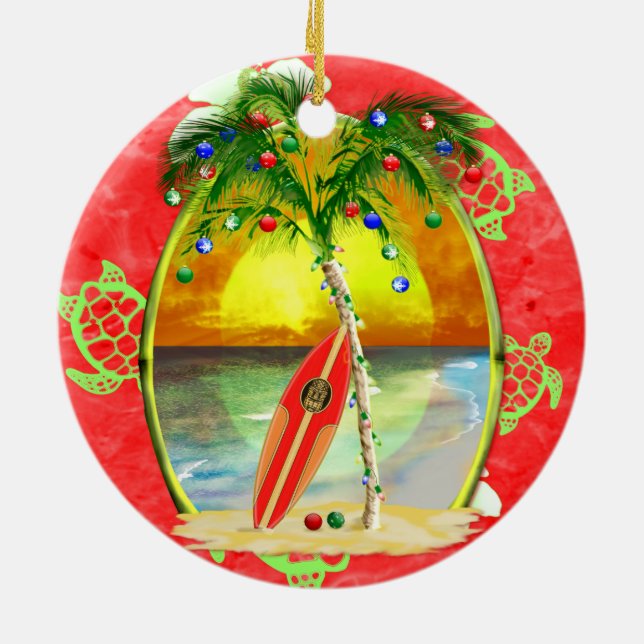 Tropical Christmas Palm Tree Ceramic Ornament (Back)