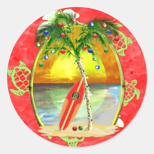 Tropical Christmas Palm Tree Classic Round Sticker (Front)