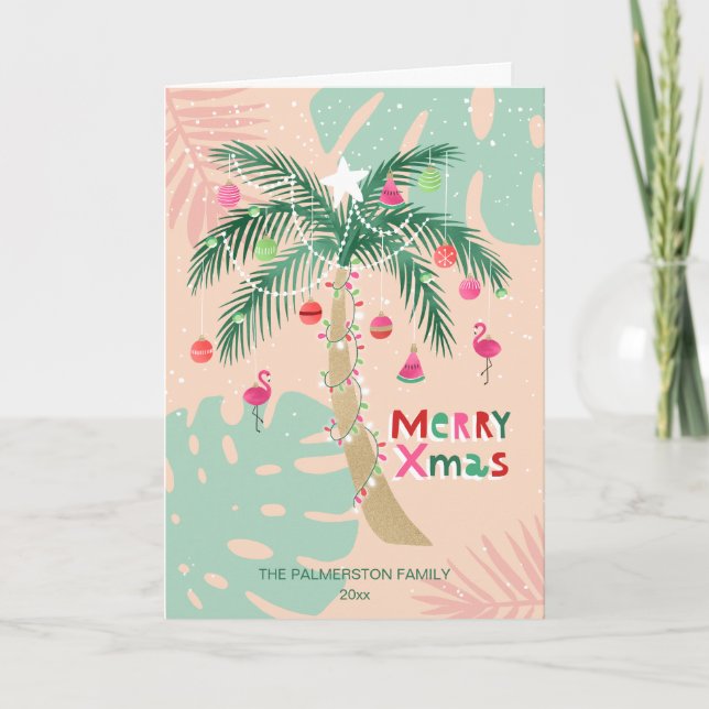 Tropical Christmas Palm Tree Custom Photo Folded Holiday Card (Front)