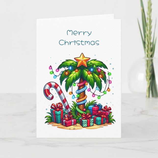 Tropical Christmas Palm Tree Holiday Card (Front)