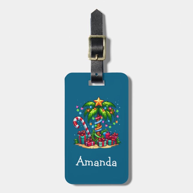 Tropical Christmas Palm Tree Luggage Tag (Front Vertical)