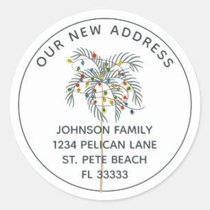 Tropical Christmas Palm Tree New Address Classic Round Sticker