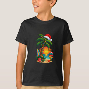 Tropical Christmas Palm Tree Santa Hat Sunset T-Shirt
