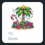 Tropical Christmas Palm Tree Square Sticker<br><div class="desc">Christmas stickers with a seasonal holiday image. A tropical palm tree decorated in festive lights with a star on top. A giant red and white candy cane sticking out of the sand. Christmas presents under the tree. Whimsical and fun.</div>