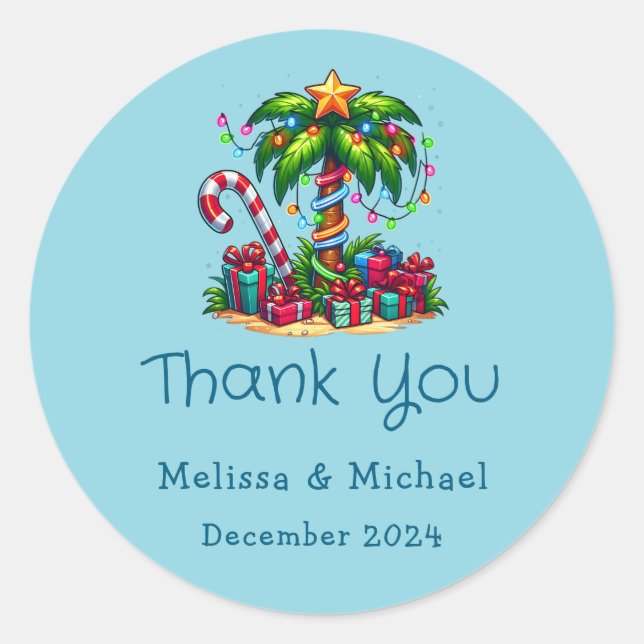 Tropical Christmas Palm Tree Thank You Classic Round Sticker (Front)