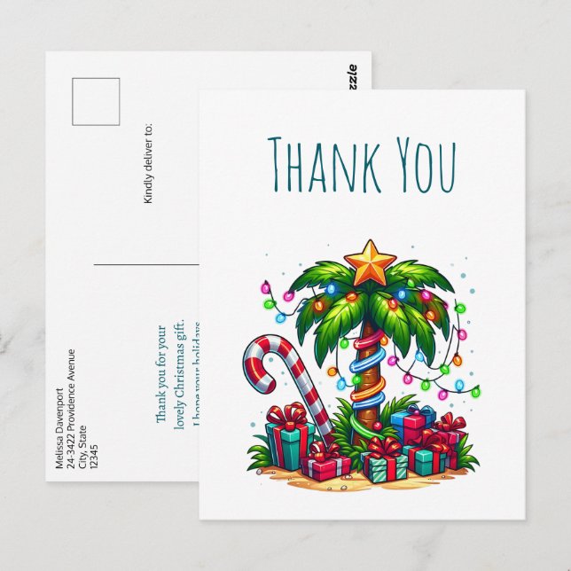 Tropical Christmas Palm Tree Thank You            Postcard (Front/Back)