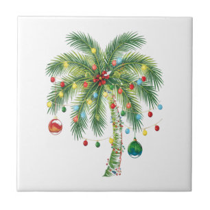 Tropical Christmas Palm Tree with Lights and Ornam Ceramic Tile