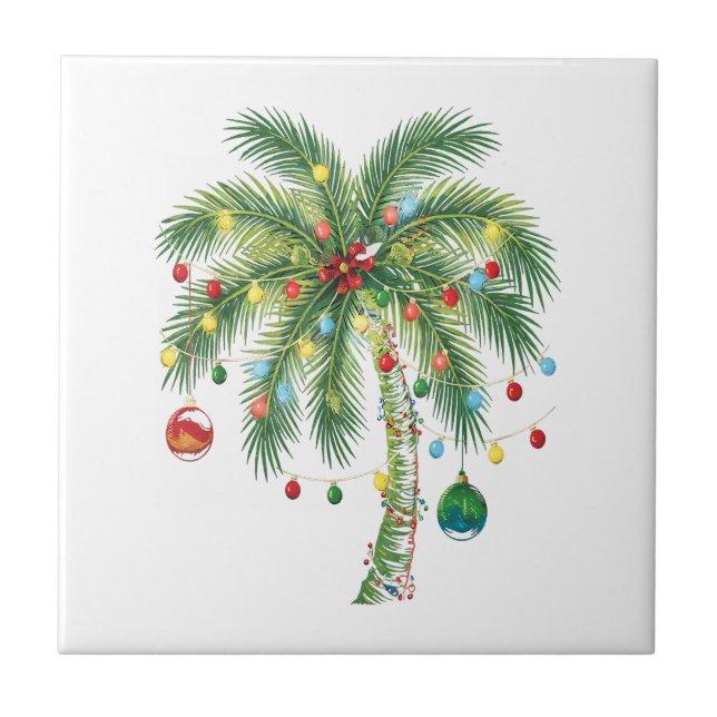 Tropical Christmas Palm Tree with Lights and Ornam Ceramic Tile (Front)