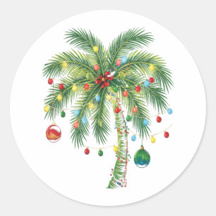 Tropical Christmas Palm Tree with Lights and Ornam Classic Round Sticker