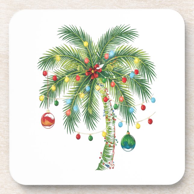 Tropical Christmas Palm Tree with Lights and Ornam Coaster (Front)