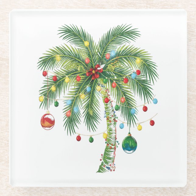 Tropical Christmas Palm Tree with Lights and Ornam Glass Coaster (Front)