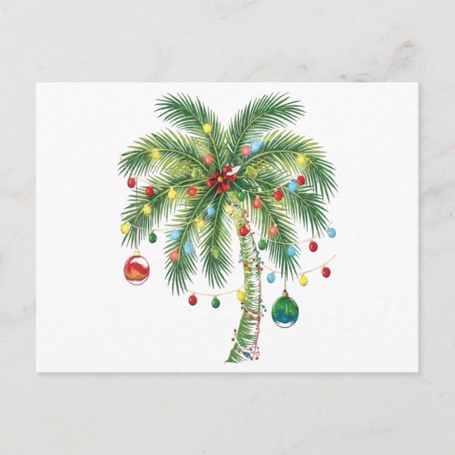 Tropical Christmas Palm Tree with Lights and Ornam Holiday Postcard (Front)