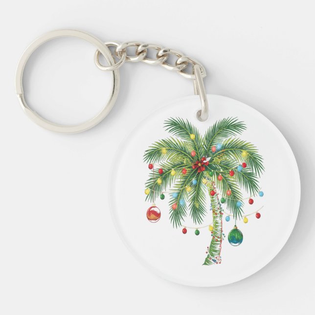 Tropical Christmas Palm Tree with Lights and Ornam Key Ring (Front)