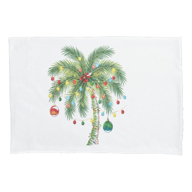 Tropical Christmas Palm Tree with Lights and Ornam Pillowcase (Front)