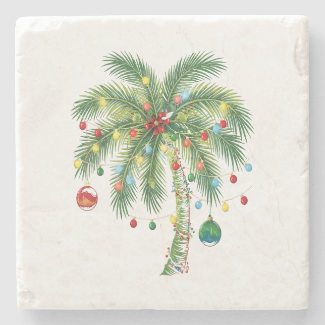 Tropical Christmas Palm Tree with Lights and Ornam Stone Coaster (Front)