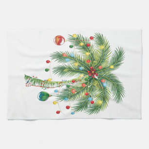 Tropical Christmas Palm Tree with Lights and Ornam Tea Towel