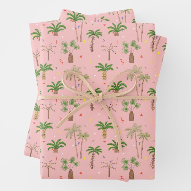 Tropical Christmas Palm Trees Pattern Wrapping Paper Sheet (In situ)