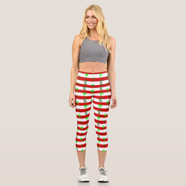 tropical christmas palm trees striped  capri leggings (Front)