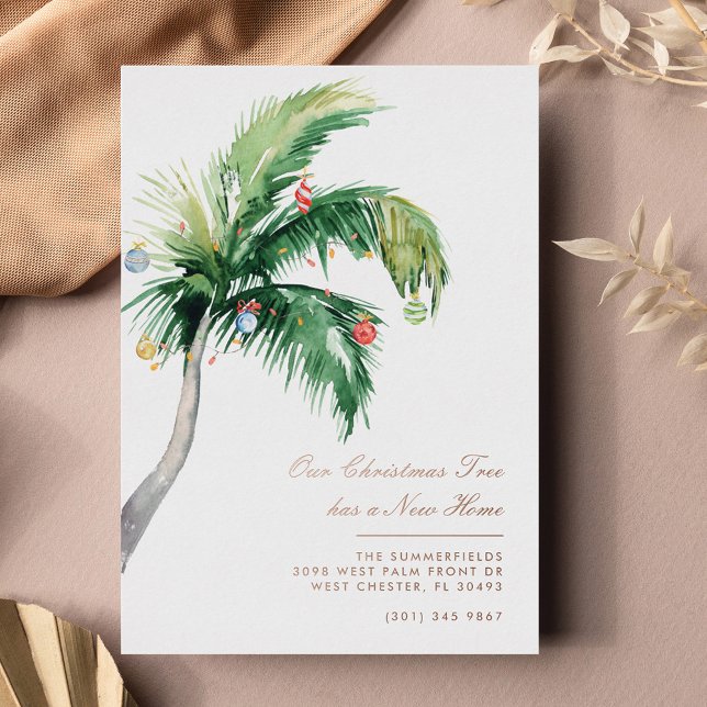 Tropical Christmas Palm Tropical Moving Rose Gold Foil Holiday Card (Palm Tree New Year Moving Coastal Announcement Card)