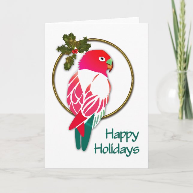 Tropical Christmas Parrot with Holly Holiday Card (Front)