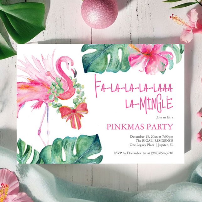 Tropical Christmas Party Watercolor Flamingo Invitation (Christmas invitations watercolor pink flamingo tropical art by Victoria Grigaliunas Do Tell A Belle)