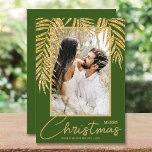 Tropical Christmas Photo Holiday Card<br><div class="desc">Glamourous faux gold glitter palm fronds highlight your favourite photo on these holiday dark green background Christmas photo cards. Select Matte for heaviest paper and high definition for best quality.</div>