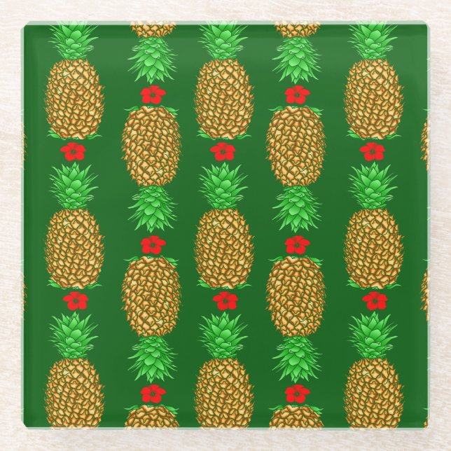 Tropical Christmas Pineapple Warm Xmas Holiday Gre Glass Coaster (Front)