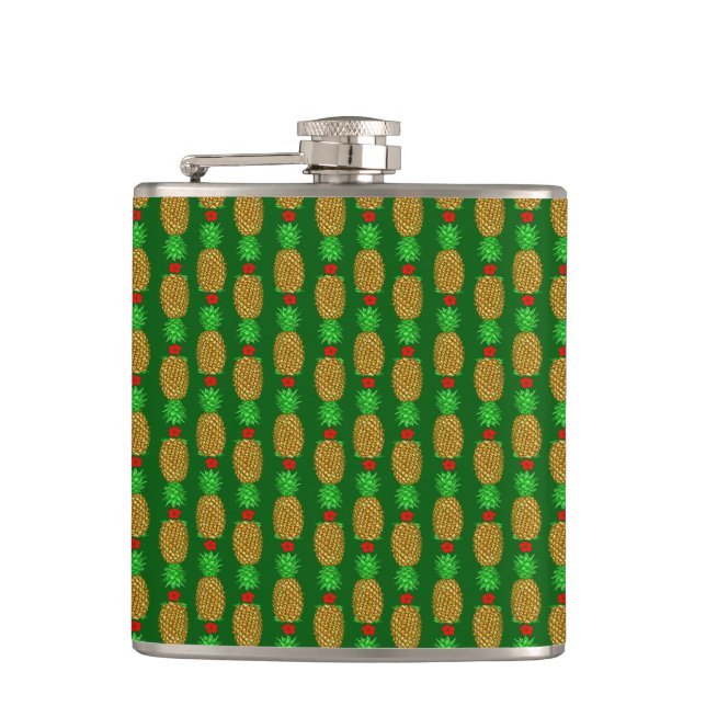 Tropical Christmas Pineapple Warm Xmas Holiday Gre Hip Flask (Front)