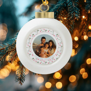 Tropical Christmas Pink Flamingo Family Photo Ceramic Ball Christmas Ornament