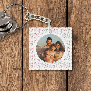 Tropical Christmas Pink Flamingo Family Photo Key Ring