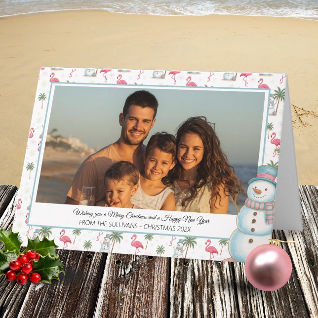 Tropical Christmas Pink Flamingo & Palm Tree Photo Holiday Card (Pink Flamingo Tropical Christmas Holiday Photo Card with White background)