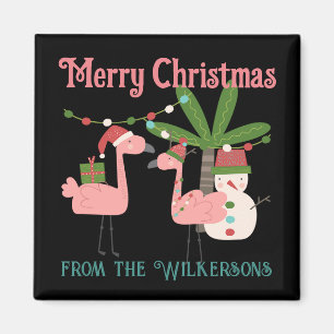 Tropical Christmas Pink Flamingos on Black Magnet