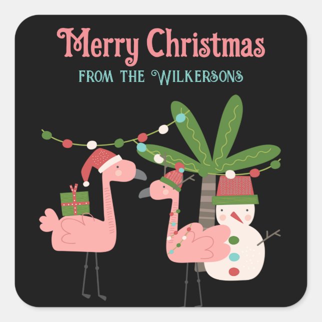 Tropical Christmas Pink Flamingos on Black Square Sticker (Front)
