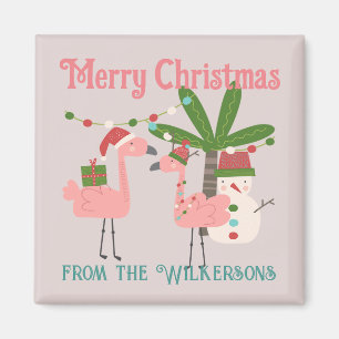 Tropical Christmas Pink Flamingos on Blush Magnet