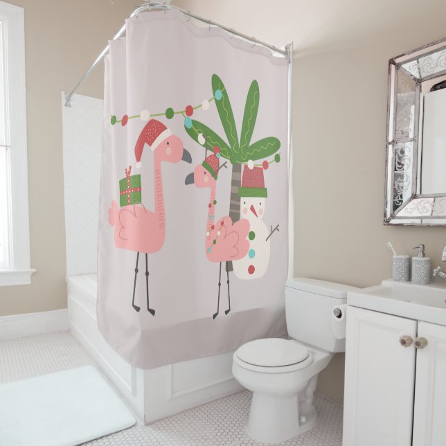 Tropical Christmas Pink Flamingos on Blush Shower Curtain (In Situ)