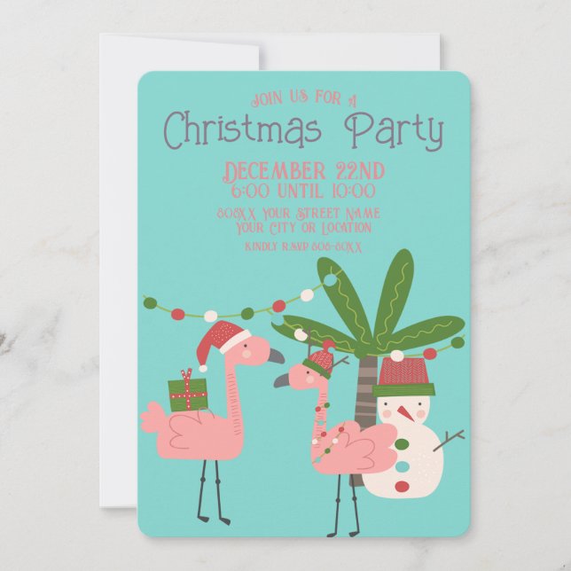Tropical Christmas Pink Flamingos on Teal Invitation (Front)