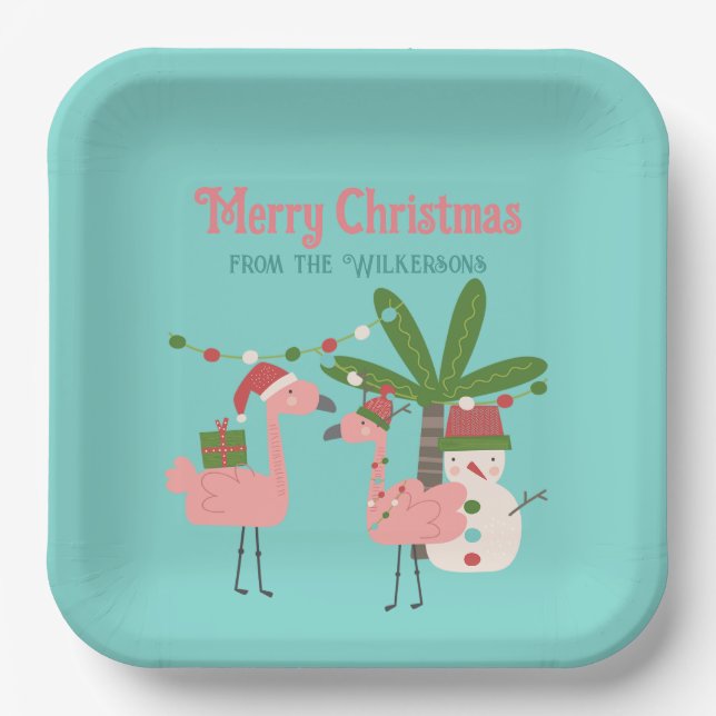 Tropical Christmas Pink Flamingos on Teal Paper Plate (Front)
