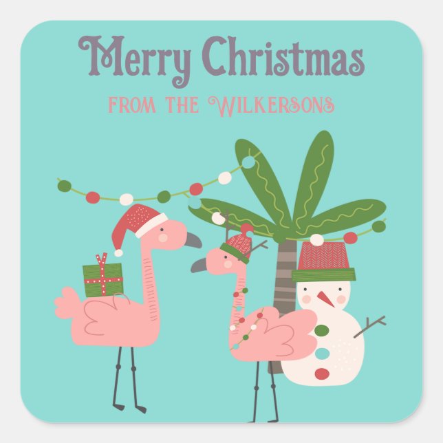 Tropical Christmas Pink Flamingos on Teal Square Sticker (Front)