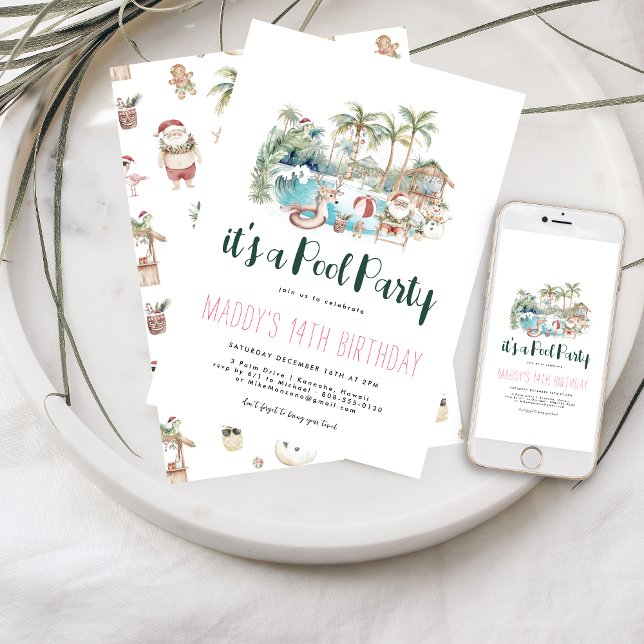 Tropical Christmas Pool Party Birthday Invitation (Creator Uploaded)