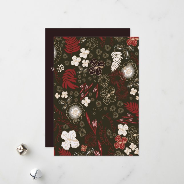 Tropical Christmas Red Sage Hibiscus Flower Palm Holiday Card (Front/Back In Situ)