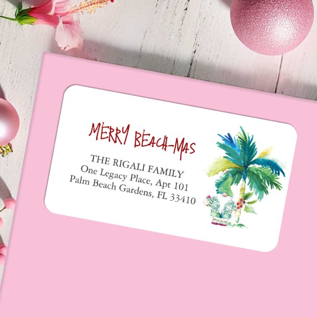Tropical Christmas Return Address Labels (Christmas return address labels beach-mas watercolor art by Victoria Grigaliunas Do Tell A Belle)