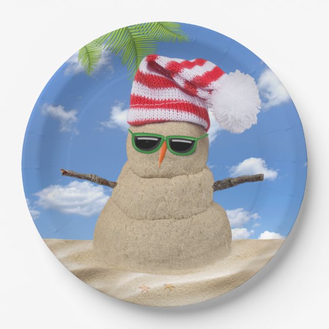Tropical Christmas Sand Snowman Paper Plate (Front)