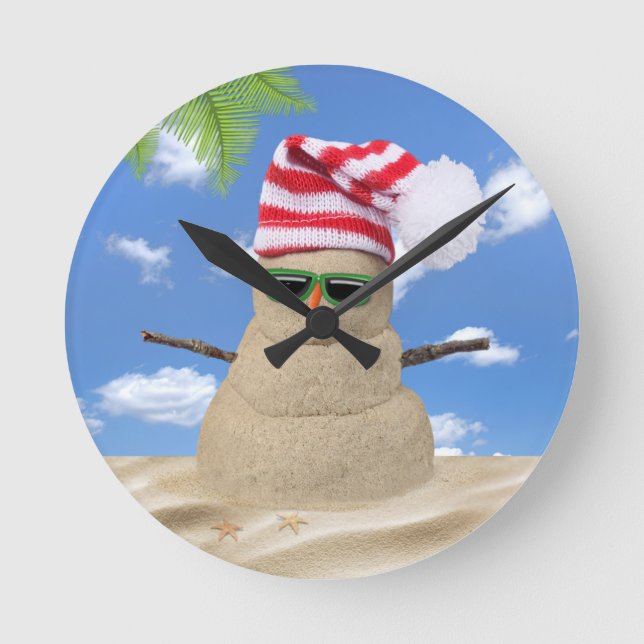 Tropical Christmas Sand Snowman Round Clock (Front)