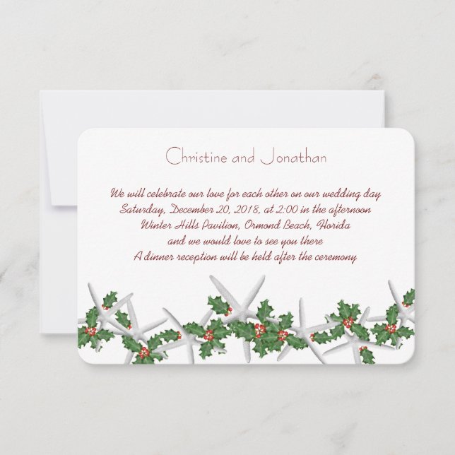 Tropical Christmas Small Starfish Holly Wedding Invitation (Front)