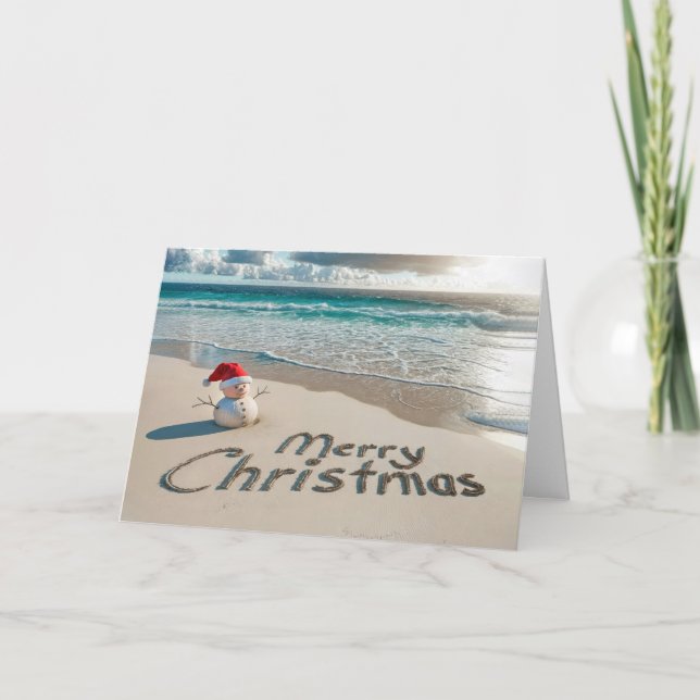 Tropical Christmas Snowman On a Beach Holiday Card (Front)