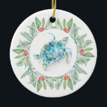 Tropical Christmas Tree Ornament Sea Turtle<br><div class="desc">A perfect gift for the sea turtle lover in your life,  this elegant acrylic Christmas ornament features a replica of my original sea turtle with botanical red berries and greenery art. Perfect decorations for your tropical Christmas tree. To see more beach Christmas decor by Victoria Grigaliunas visit www.zazzle.com/dotellabelle</div>