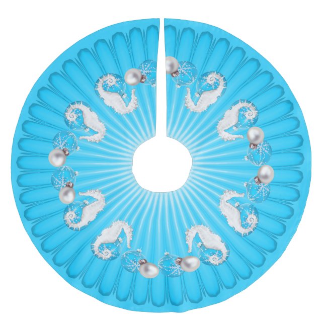 Tropical Christmas Tree Skirt Aqua Blue Seahorse (Front)