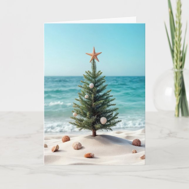 Tropical Christmas Tree With Sand Dollars Holiday Card (Front)